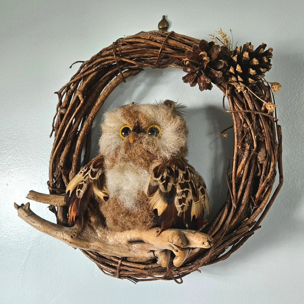Vtg 80s Rustic Grapevine Wreath Fuzzy Owl Feathers Driftwood and Pinecones Decor